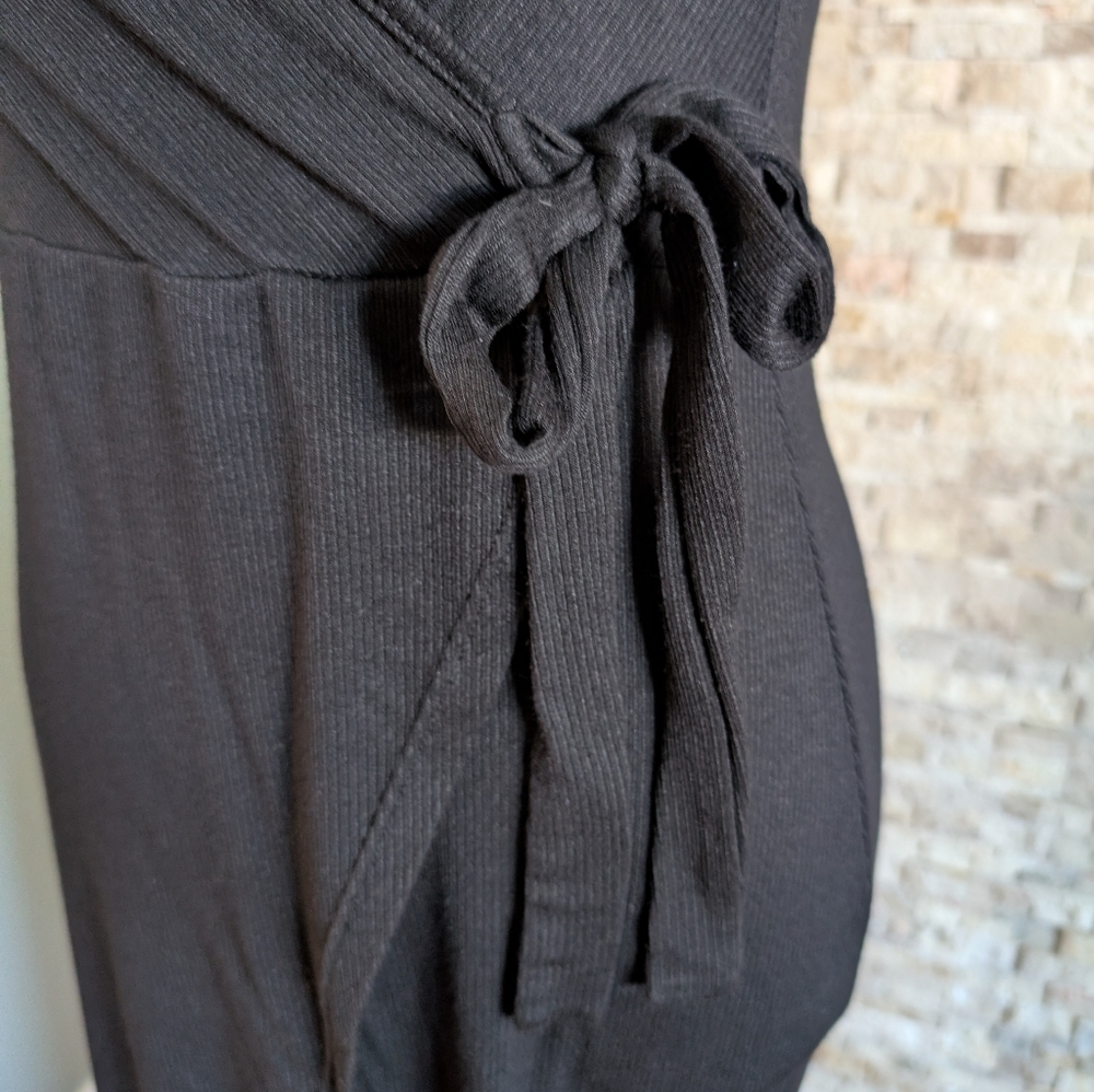 Black Wrap Midi Lightweight Dress Slit Summer Fairy Boho Indie Minimalist Sz M image 6